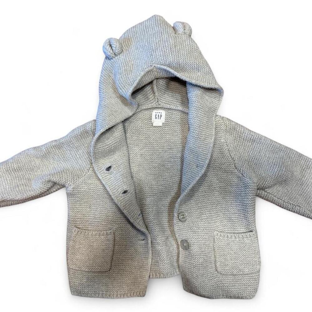 babyGap Infant Bear Knit Cardigan Hooded Sweater Jacket Gray 12-18 Months